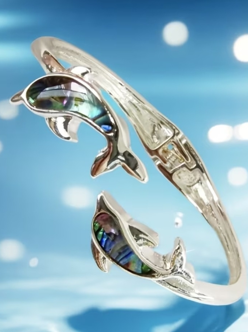 NWOT Silver Dolphin Bangle Bracelet with Iridescent Inlay